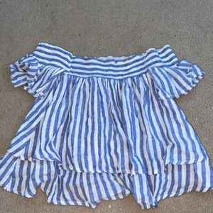 off the shoulder blue and white striped shirt